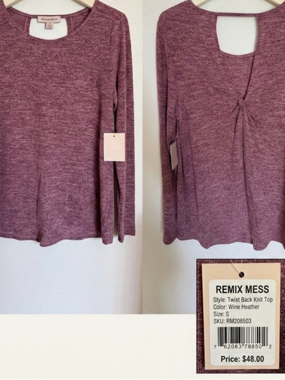 Remixmess Twist Back Knit Top in Wine Heather - NWT